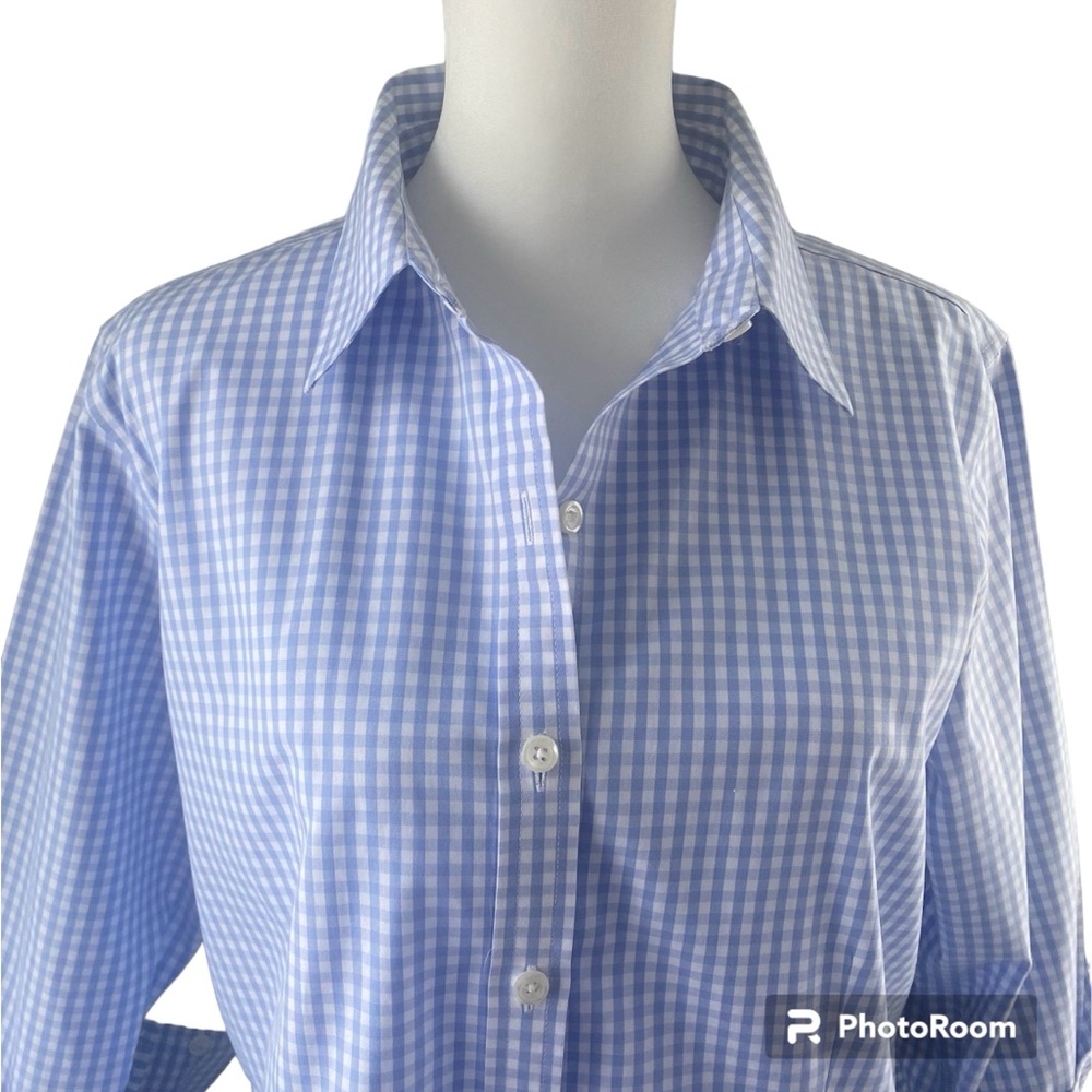 🩵 L.L.Bean Ladies Sz M Wrinkle Resistant Light Blue Gingham 3/4 Sleeved Blouse